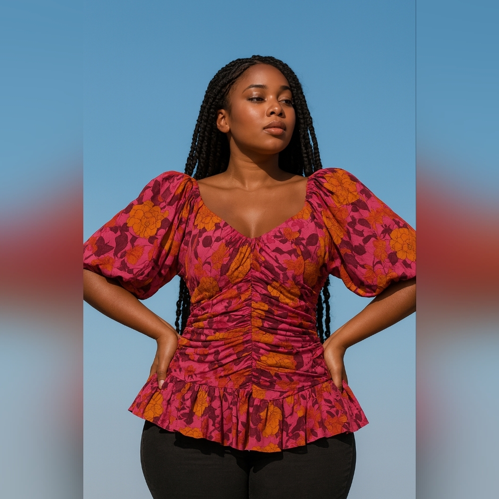 DR2 Whimsigoth Vamp Floral Peplum S Blouse Puff Sleeve Dark Academia Y2K Boho